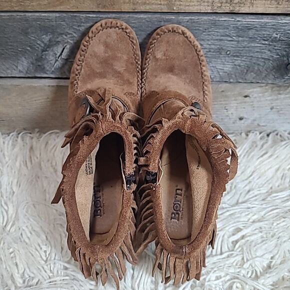 BORN Thora Ankle Bootie 6.5 Fringe Brown Rust Suede 3" Heel Moccasins Side Zip - Picture 5 of 9